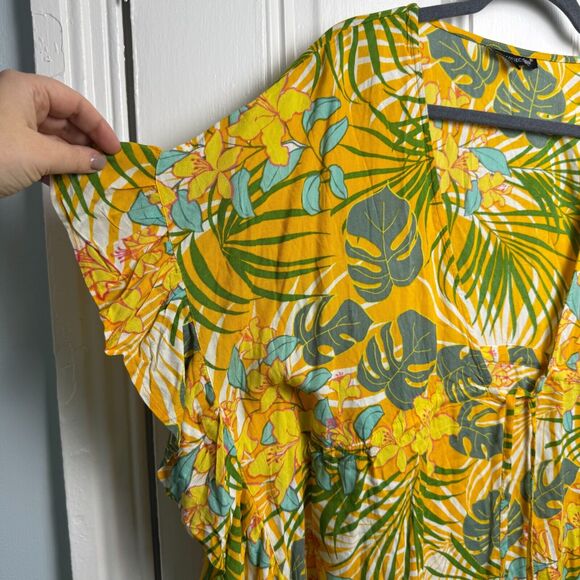 Vacation Coverup Womens Yellow Tropical Flutter Sleeve Beach Hibiscus Flowy - Picture 2 of 8
